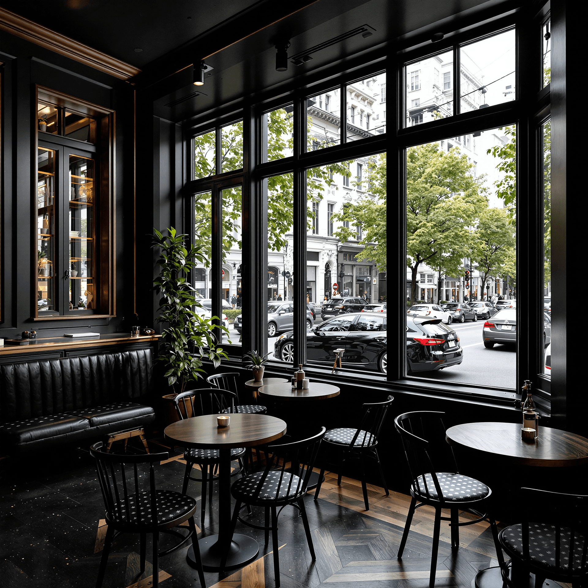 AI generated: interior design of the cafe is black. with large windows and wood trim. Moving cars views through th...