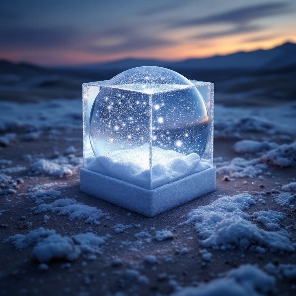 AI generated: snow globe shapped like a cube , on the desert floor, there is a blizzard inside