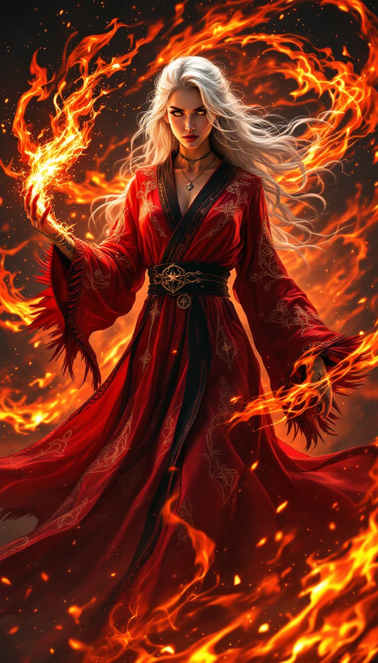 AI generated: An ultra-realistic, full-body action shot of a striking scarlet fire mage, exuding passion and eleme...