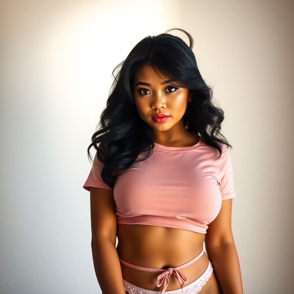 AI generated: Hyper realistic eye level PHOTO of bewitching curvy black-asian (blasian). She has massive tits.  Sh...