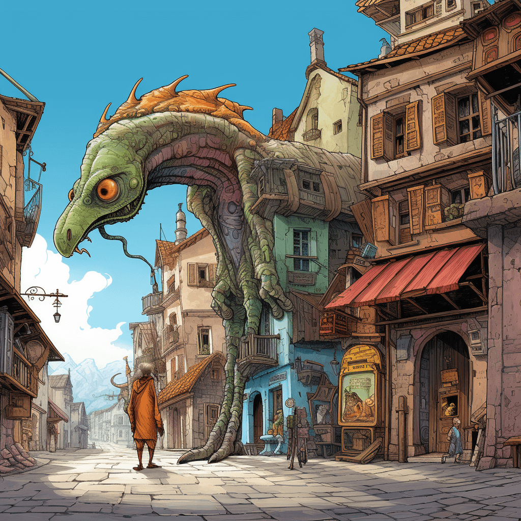 AI generated: giant creature shaped like a lizard, walking using all four legs, medieval town with wooden building...