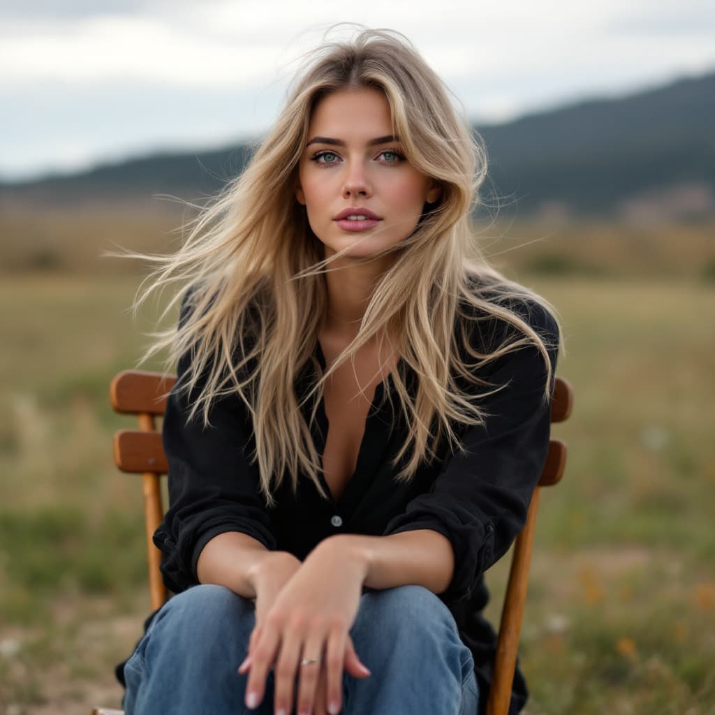 AI generated: A  female, The image features a beautiful blonde woman sitting on a wooden chair, wearing a black sh...