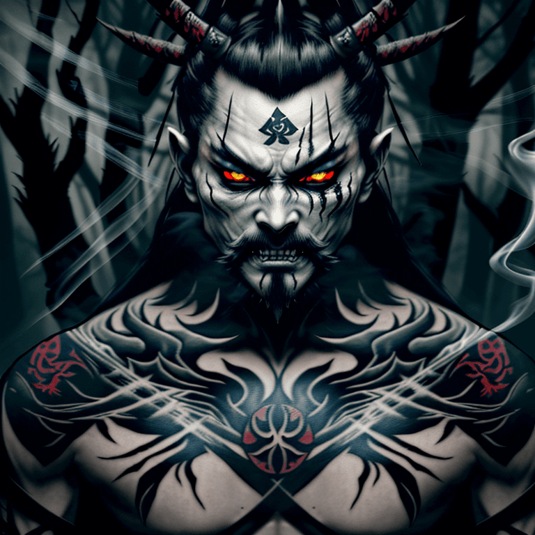 AI generated: A demonic samurai, covered in dark, intricate tattoos, emerges from a shroud of mysterious smoke in ...