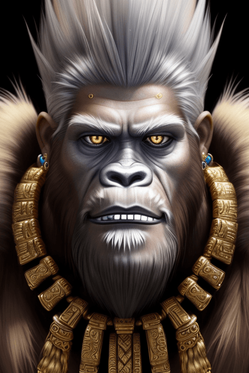 AI generated: Bigfoot, growls, Mayan tribes, close up, silver eyes, gold hair, full detail, fine jewelry, rich sty...