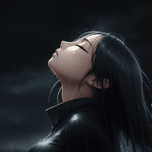 AI generated: anime girl in the rain, eyes closed, looking up at the sky, side view, beautiful art, dark rainy bac...
