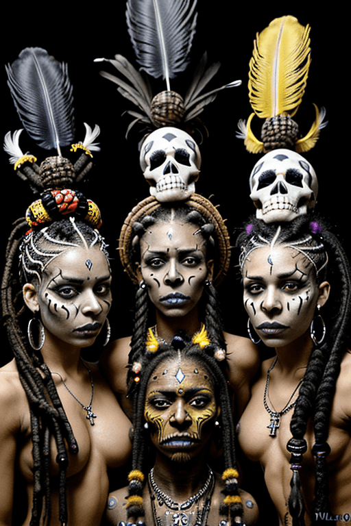 AI generated: Three beautiful voodoo priests, two male, only one female, all three visible, dark skin, faces paint...