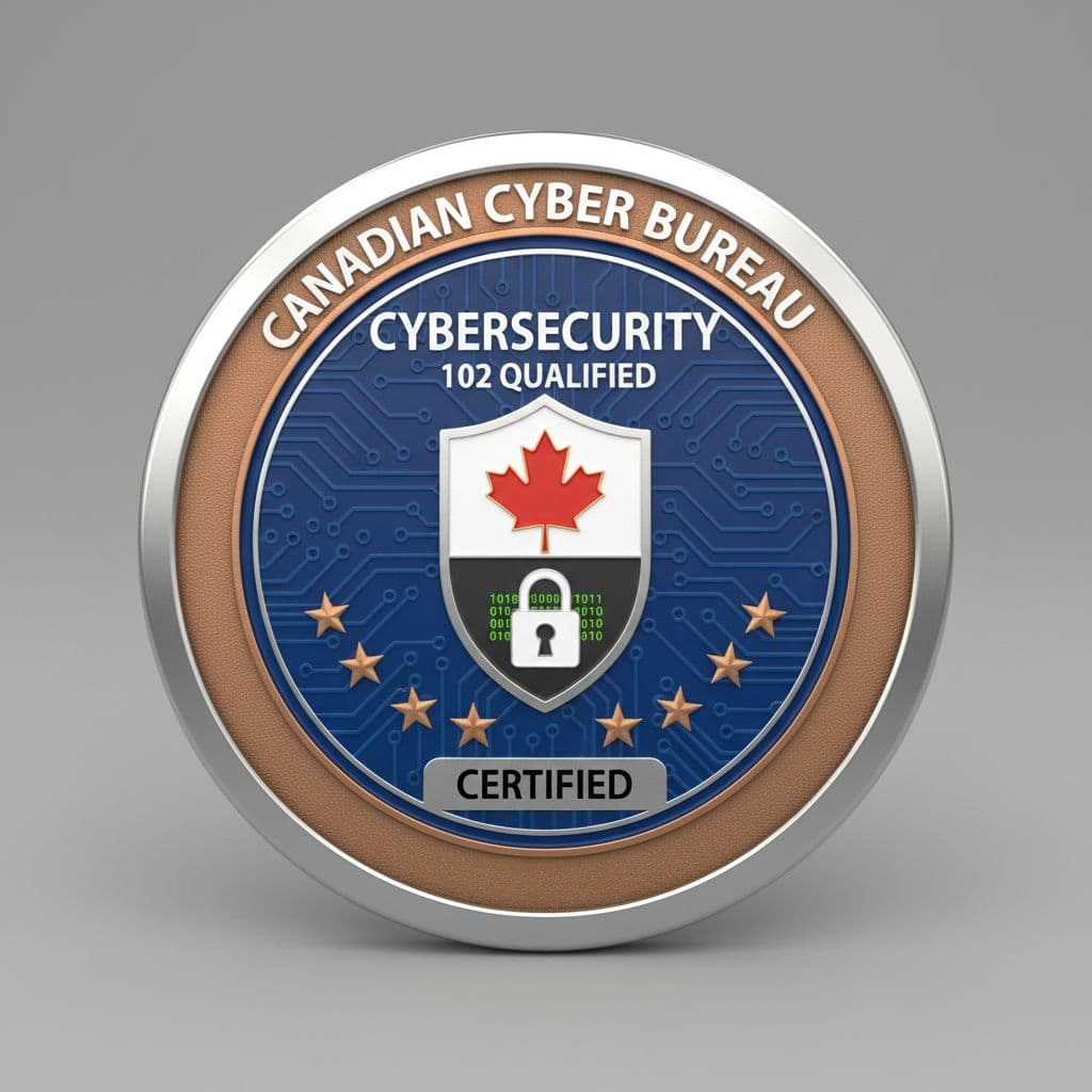 AI generated: Create a professional badge that signifies a qualification from a Canadian bureau, over cybersecurit...