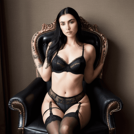 AI generated: In the dimly lit room, a thin woman with black hair and blue eyes and white skeen is seated on an or...