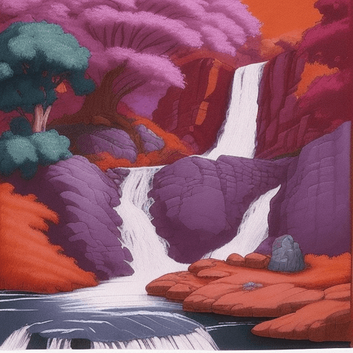 AI generated: an illustration showing a Waterfall, in the style of lilac and red orange, reimagined classical form...