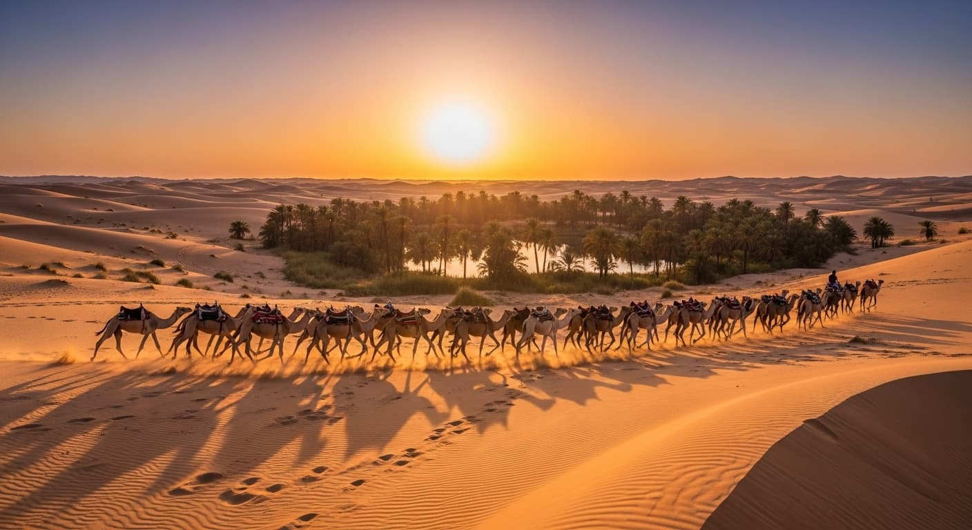 AI generated: À lot of camels running in a désert with palmtrees 