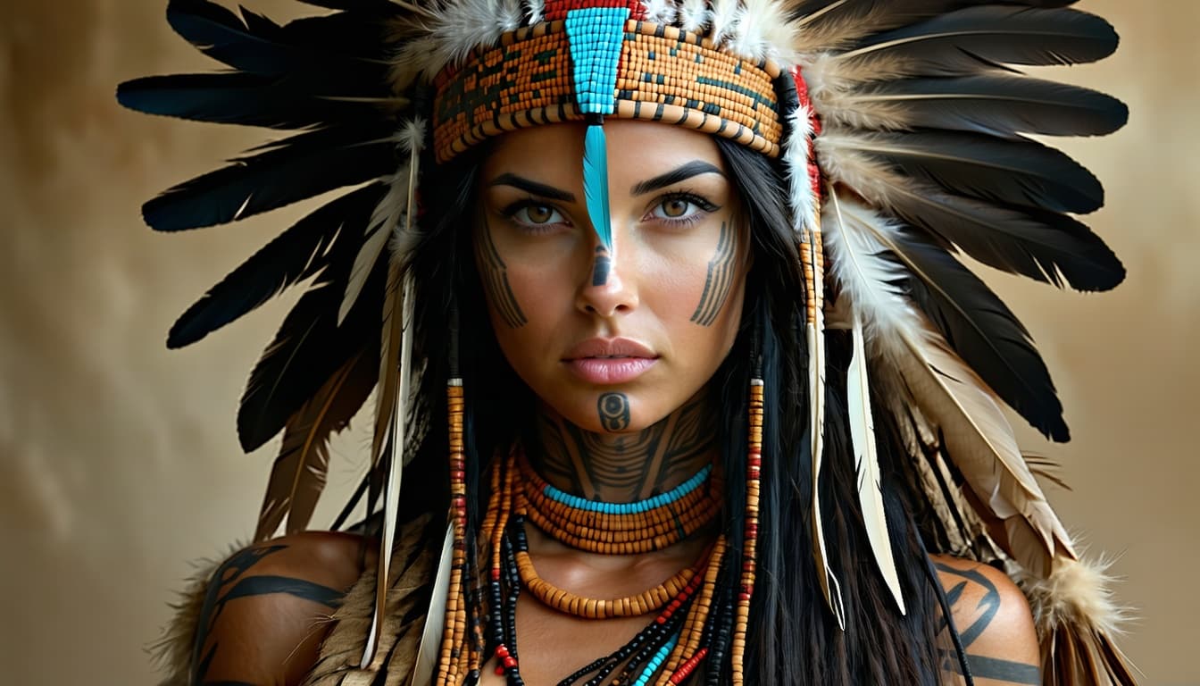 AI generated: A female warrior with dark hair and facial tattoos, wearing a headdress of feathers, full-body portr...