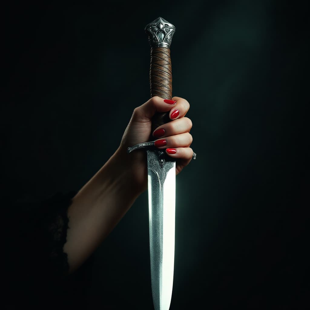 AI generated: female hand holding a dagger, dramatic lighting

