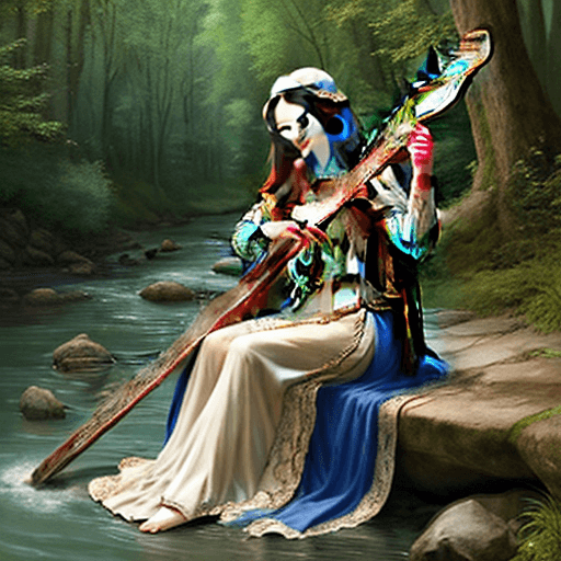 AI generated: a beautiful long hair medieval lady, full body, realistic face highly detailed, playing harp by the ...
