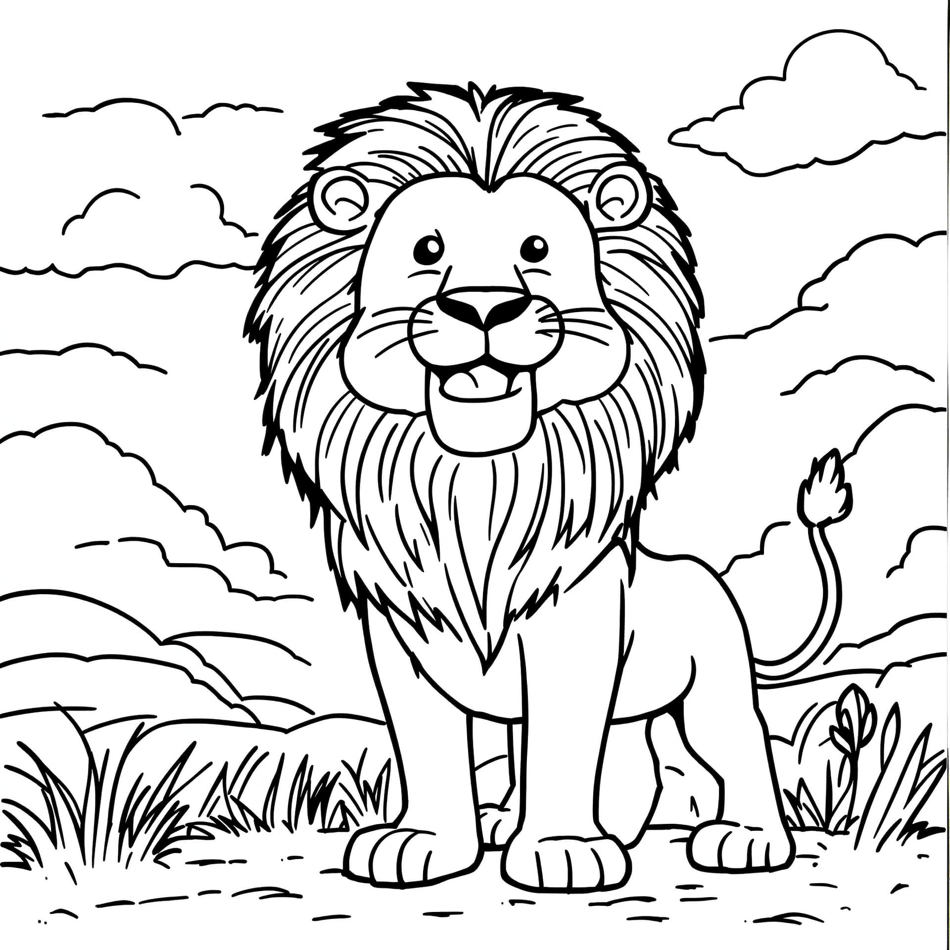 AI generated: Full background image from a blank coloring book showing a simple lion standing proudly with a big m...