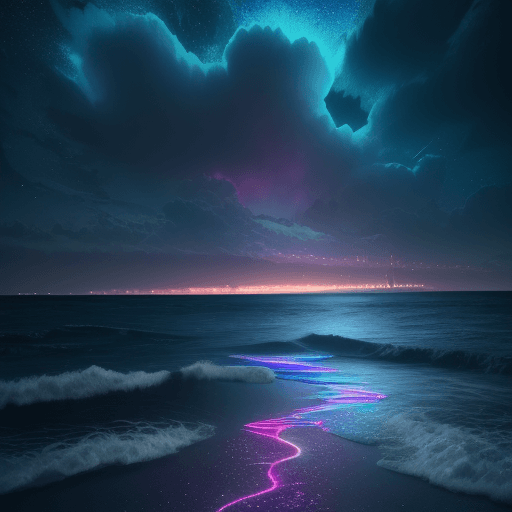 AI generated: neon light art, in the dark of night,  moonlit seas, clouds, moon, stars, colorful, detailed, 4k, ul...