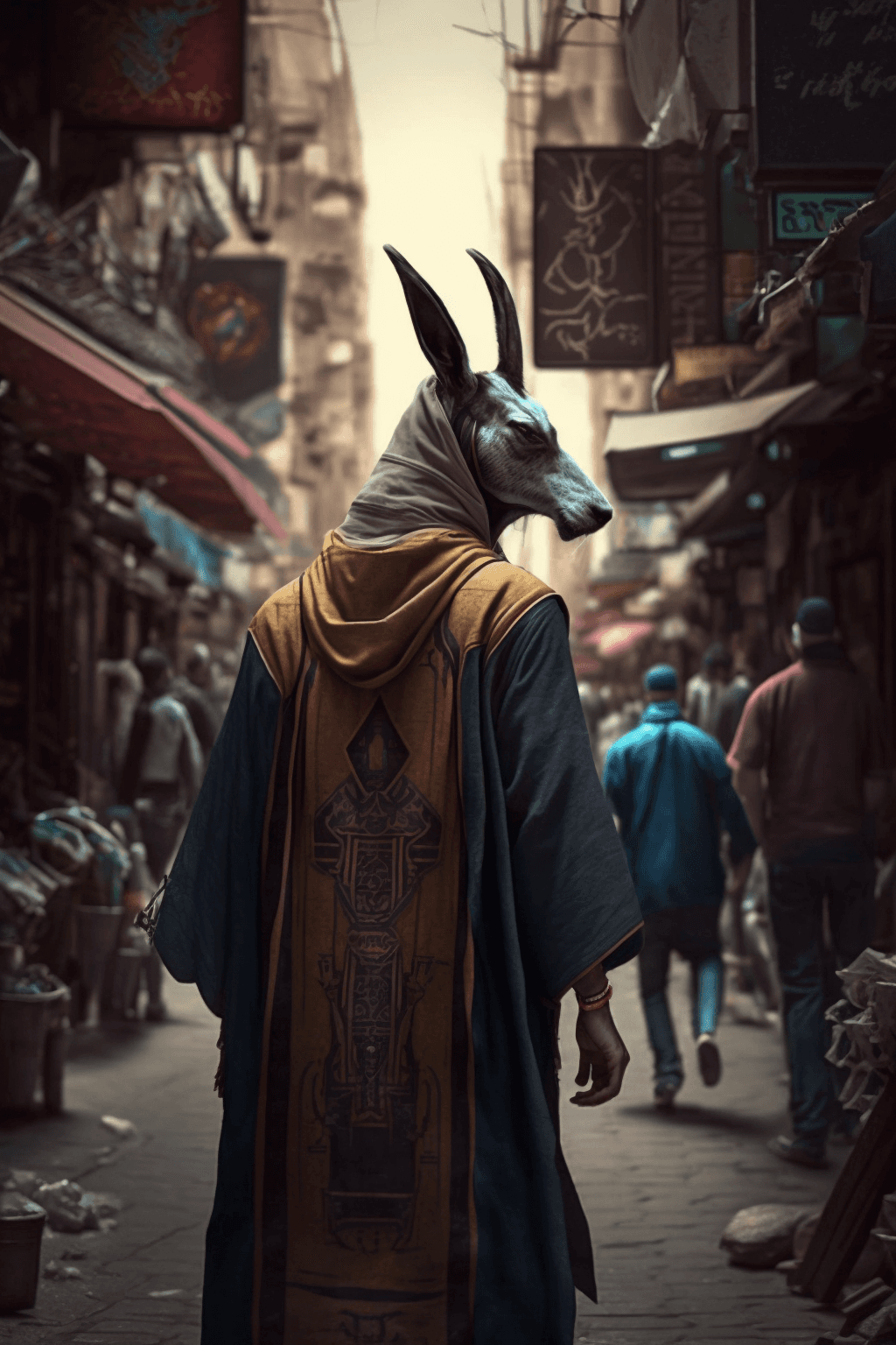 AI generated: Anubis god walking in the streets of cairo with actual people around him cinematic, ultraphotorealis...