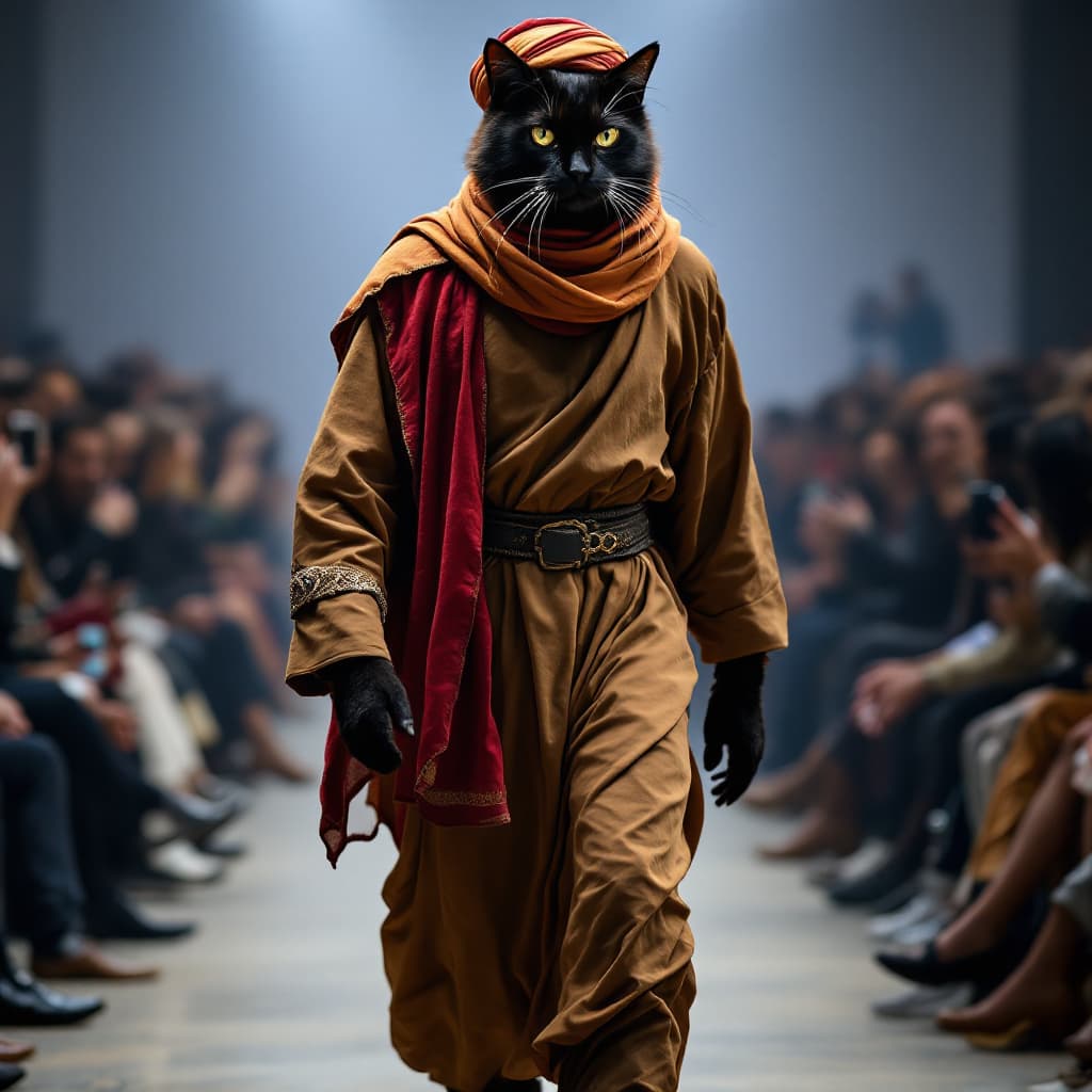 AI generated: A tall, muscular black cat dressed in Moroccan clothing (jellaba, turban and turban) walks in a fash...