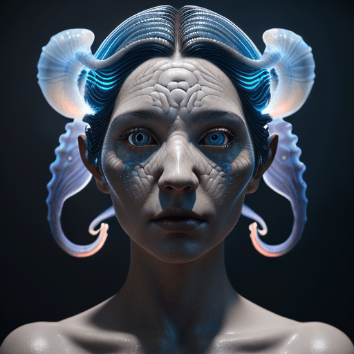 AI generated: Goddess close-up portrait ribcagel. jellyfish phoenix head, nautilus, orchid, skull, betta fish, bio...