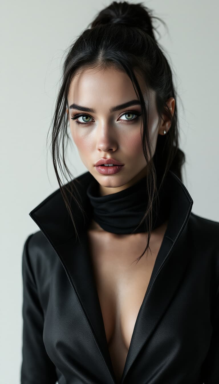 AI generated: A striking and stylized portrait of a fashionable Scandinavian model. She's posed against a stark wh...