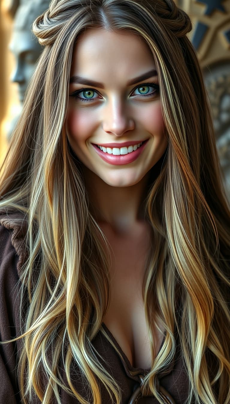 AI generated: viking woman, long brunette hair with blonde highlights, green eyes, full lips, big smile, wearing a...