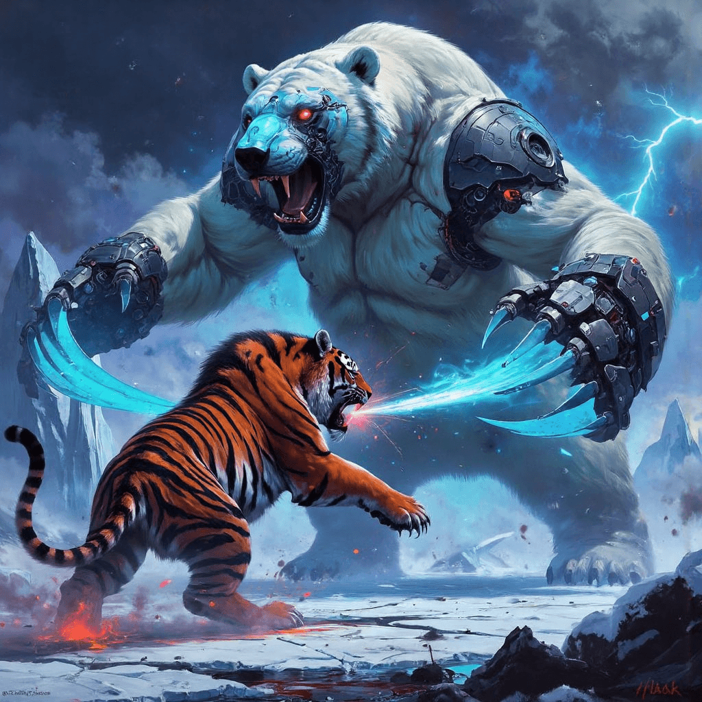 AI generated: A ferocious and cinematic battle unfolds amidst a raging blizzard, where a towering 6-meter-tall bat...