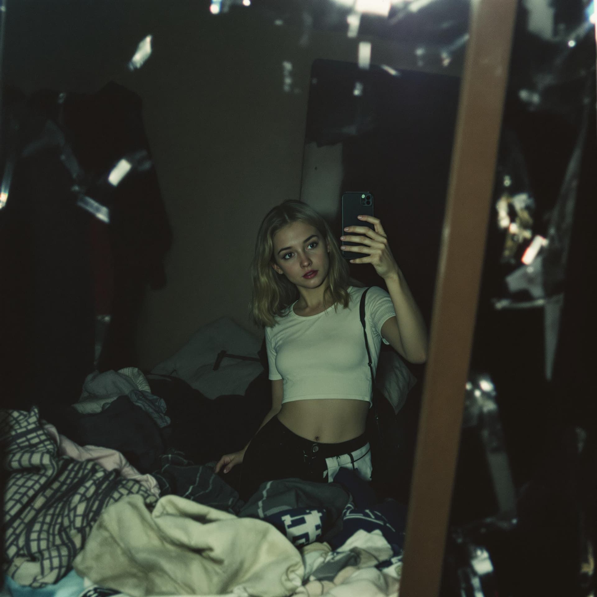 AI generated: schoolar russian girl stands in front of a mirror, capturing a selfie. Wearing a crotop. The image q...