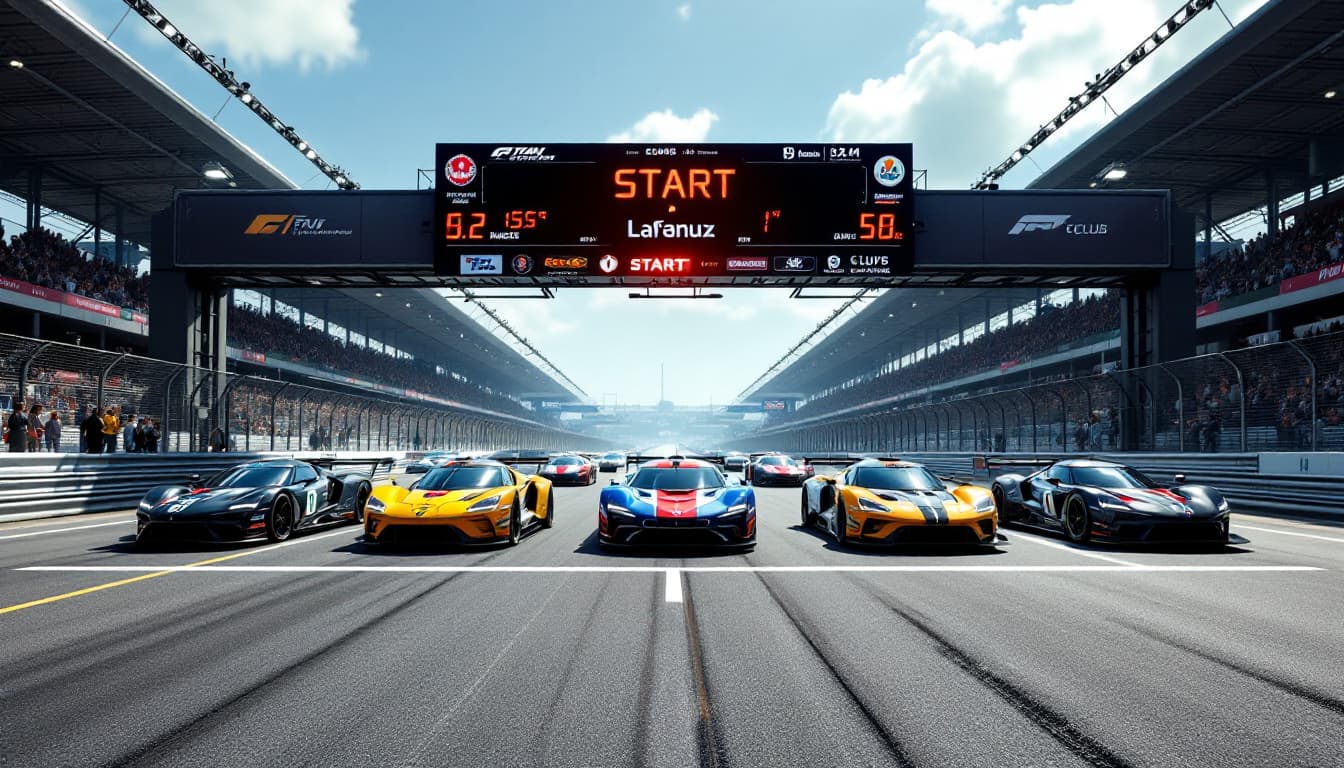AI generated:  On the wide race track behind the START lane (white strip across the track) there are few cars in 3...