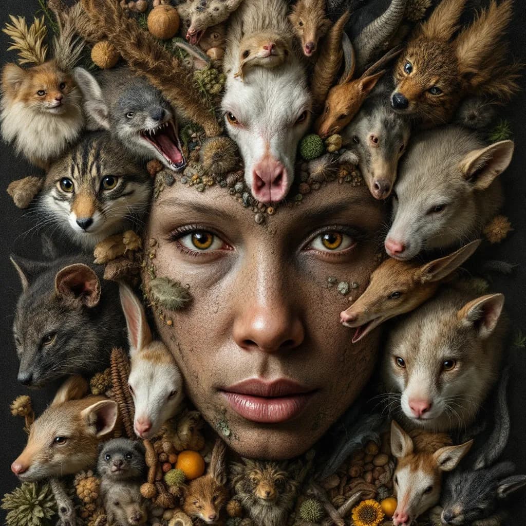 AI generated: a portrait a highly detailed, surreal portrait of a person composed entirely of various species anim...