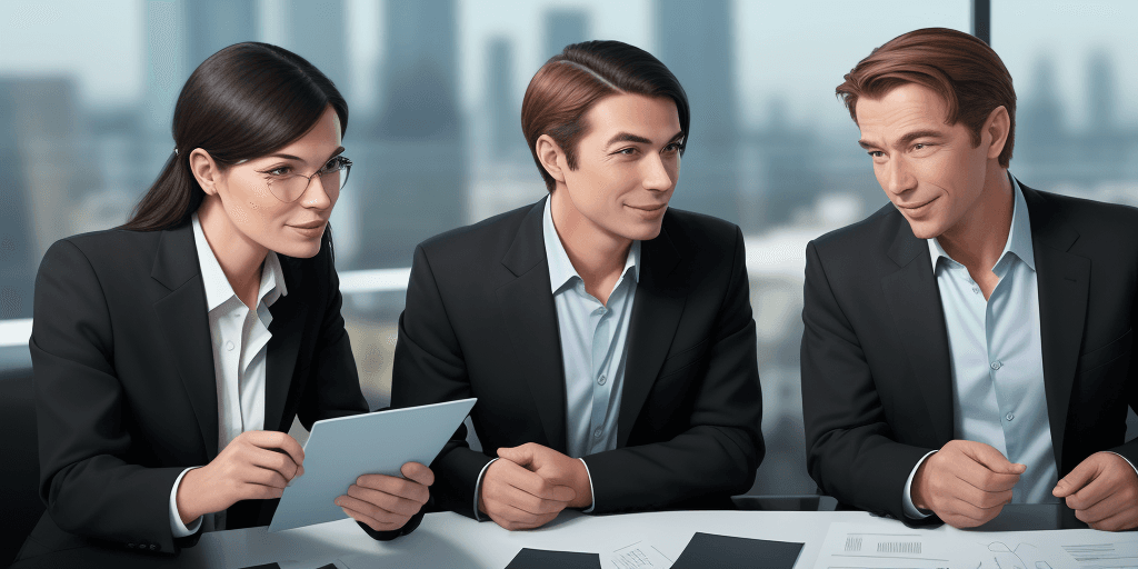 AI generated: Depict two business figures nodding at each other from a quite big distance, indicating a casual acq...