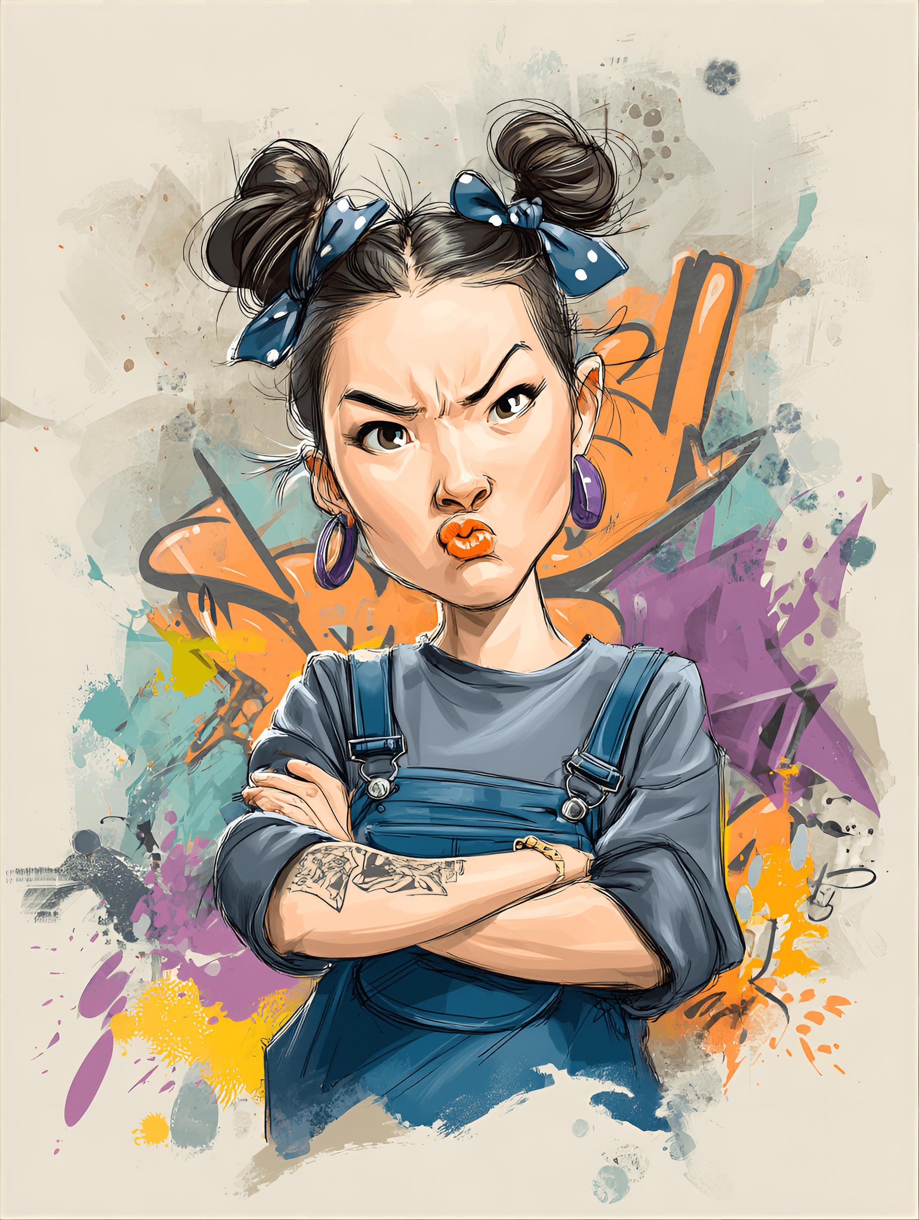 AI generated: funny caricature, rebellious teen caricature, young asian female, 16 years old, twin buns, tattoo, p...