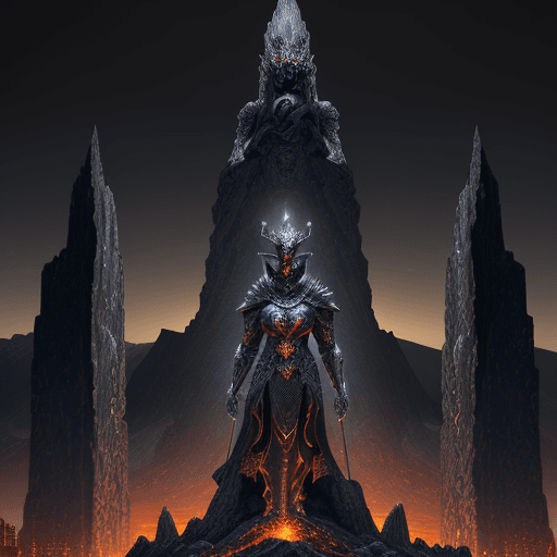AI generated: Digital artwork of a fantastical chess game set in the foreground with a towering dark knight and a ...