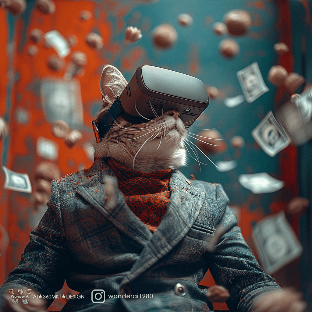 AI generated: an anthropomorphic cute cat wearing an virtual reality headset and dark gray Brioni Vanquish suit wi...