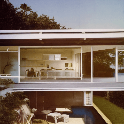 AI generated: Hyper realistic eye level exterior photo of a mid century modern style house overlooking the ocean, ...