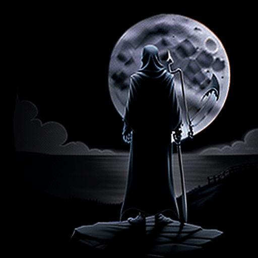 AI generated: The Grim Reaper standing alone facing forward, on a dark cliff with his scythe in his hand with the ...