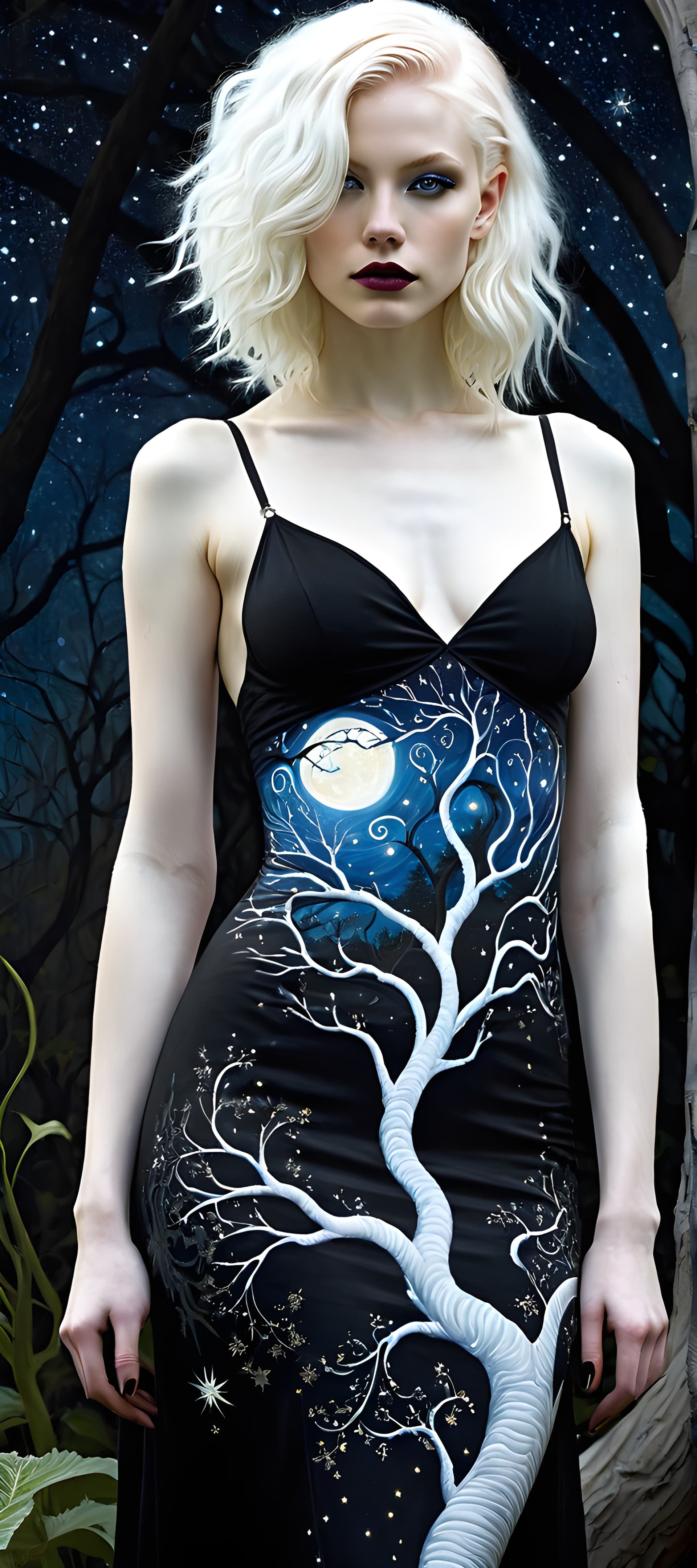 AI generated: In the style Gerald Brom, inpunk paint ,Beautiful Albino girl, Starry Night, Black dress, Full body ...