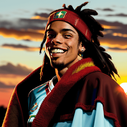 AI generated: Brazilian soccer star Ronaldinho, western setting, red poncho, cape, setting sun in background, smil...