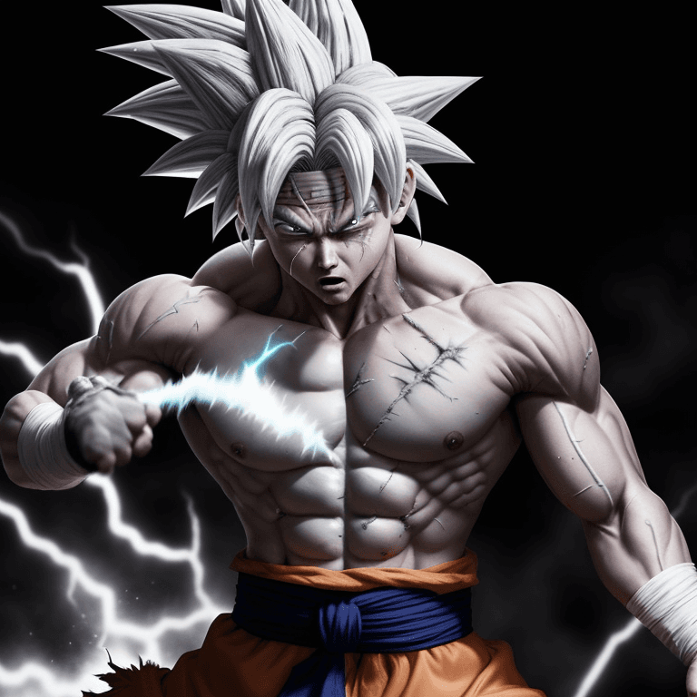 AI generated: Goku Ultra Instinct with a tough and intense gaze, and strong, glowing white hair, white aura, banda...