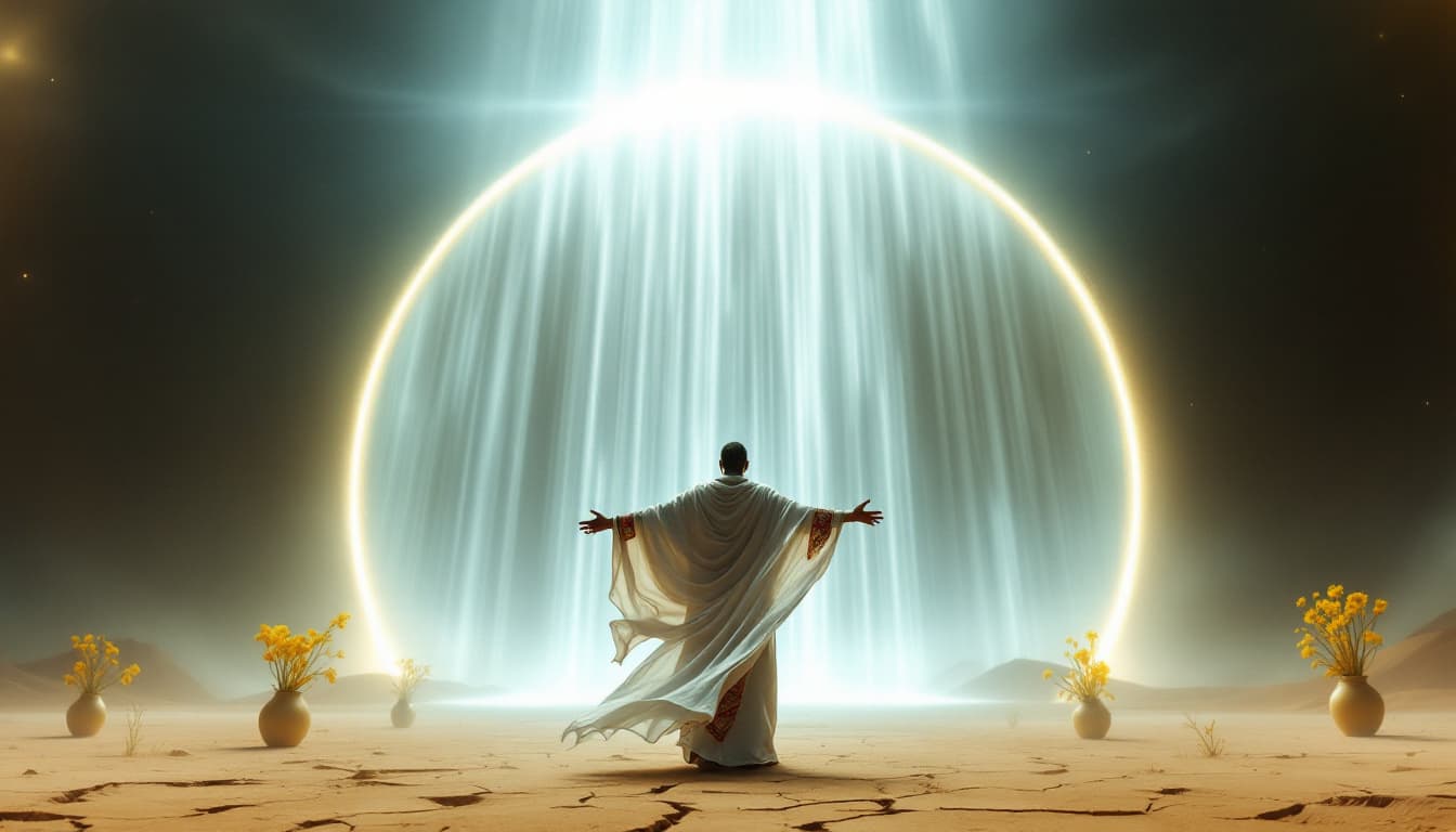 AI generated: hyper realistic shot:A wide shot of a man standing beneath the arch, his silhouette dark against a b...
