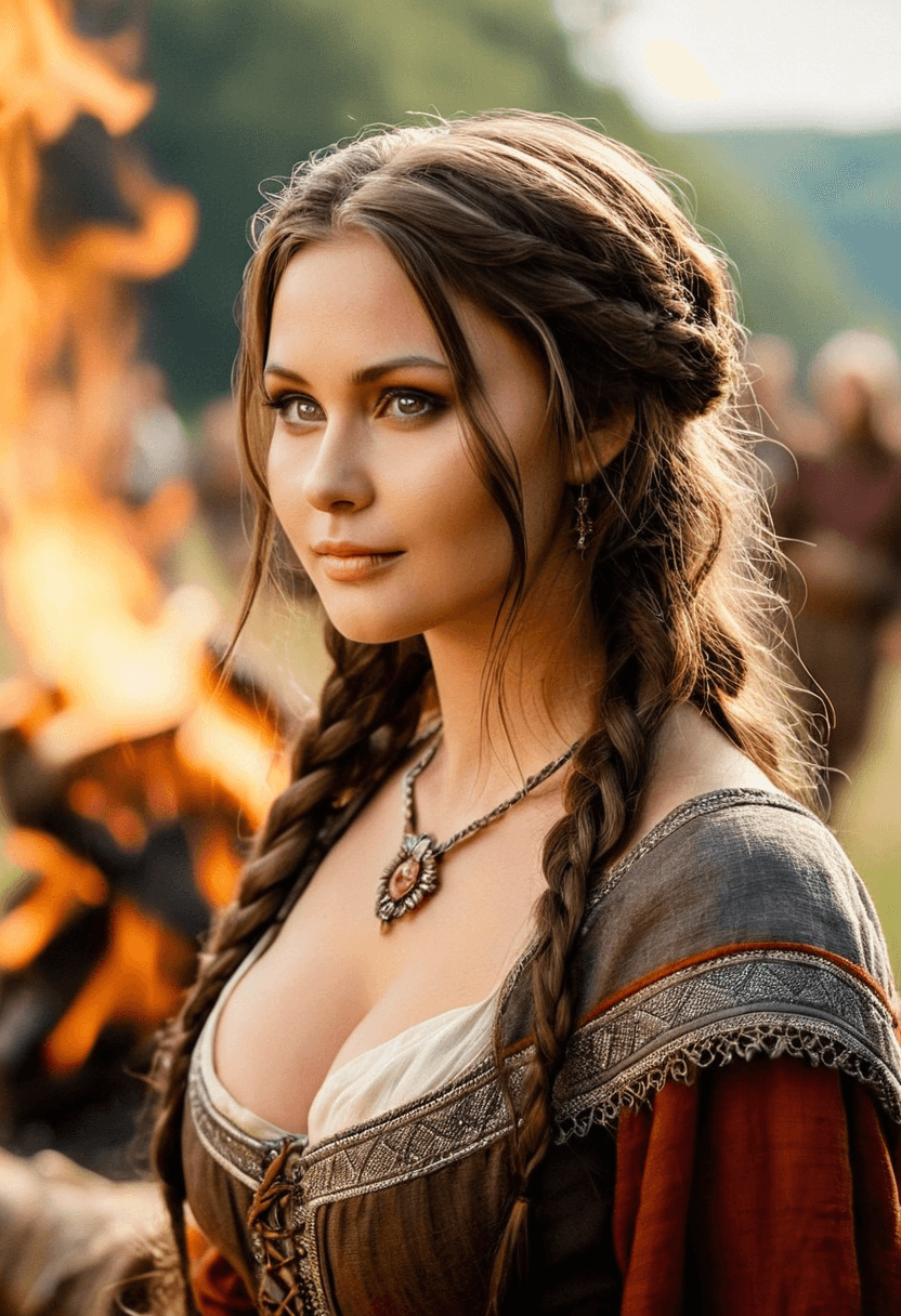 AI generated: breathtaking Slavic female, round face, broad cheeks, big eyes, long brunette hair, dimples, from th...
