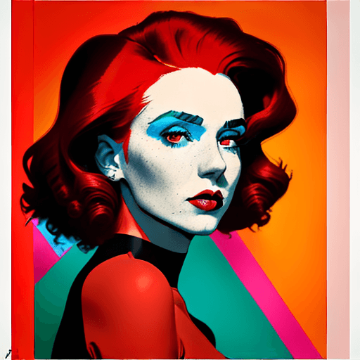 AI generated: portrait of a woman with deep red hair, in the style of Andy Warhol and Richard Avedon, combining th...