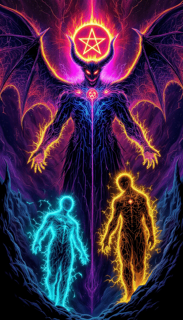 AI generated: “The Devil’s Neon Dominion” – A towering, horned figure emerges from a swirling neon abyss, his form...