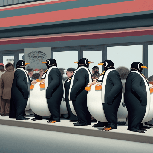 AI generated: Wide view, Imagine a penguin in Batman's costume with chef hat serving hot dogs, there are people wa...