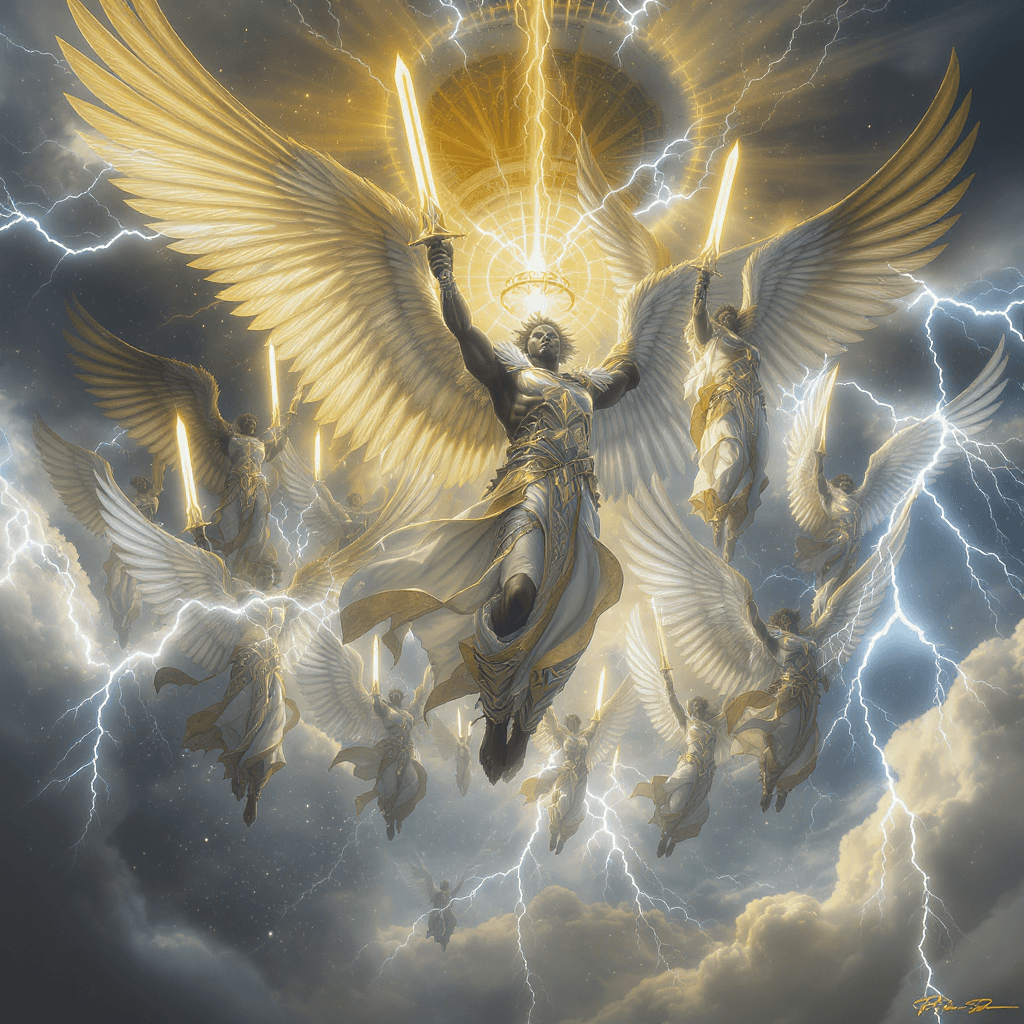 AI generated: 7 powerful Black African angels descending from the heavens in perfect formation. Each angel has maj...