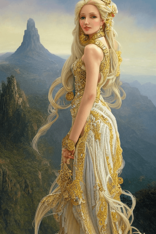 AI generated: portrait of a humanoid princess with long blonde hair, standing next to a beautiful view, ornate whi...