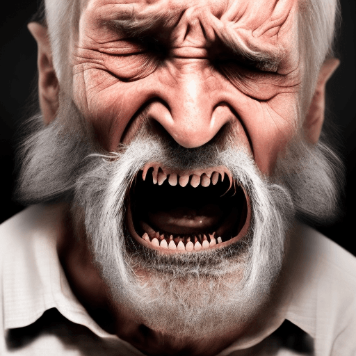 AI generated: an old man screams in pain, his face is almost reduced. He is wearing a black shirt and has a long b...