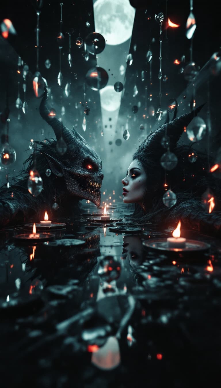 AI generated: (film grain), ultrarealistic 4k, photoart_style, (a demon and a goth witch are looking into an arran...
