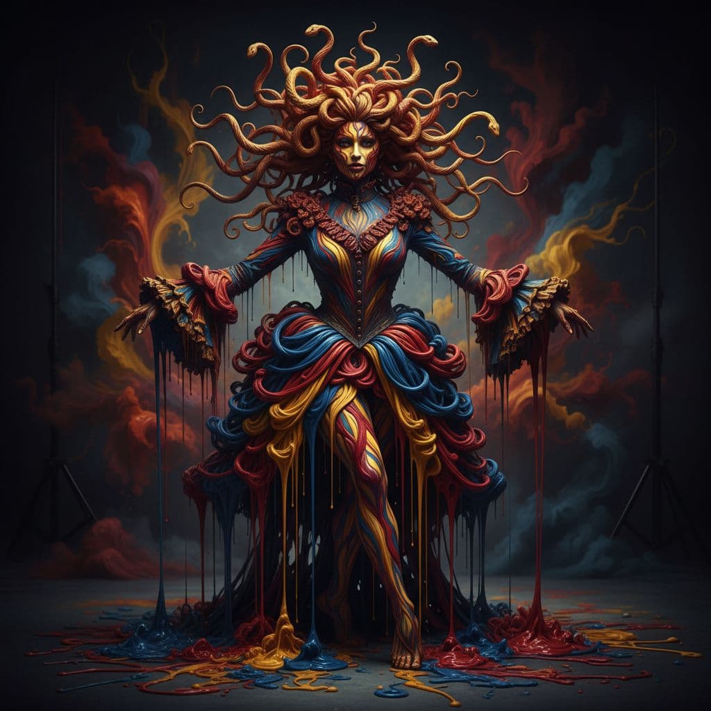 AI generated: FluidArt, human body covered in paint, dancer pose,photoshoot pose, dramatic, tri-color, long sleeve...