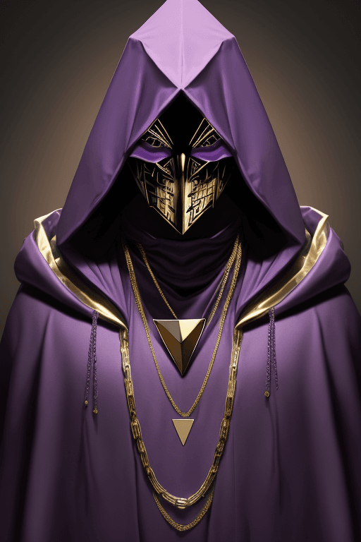 AI generated: Man in purple cloak hood, one big triangle mask, gold chains and jewellery. Invisible face