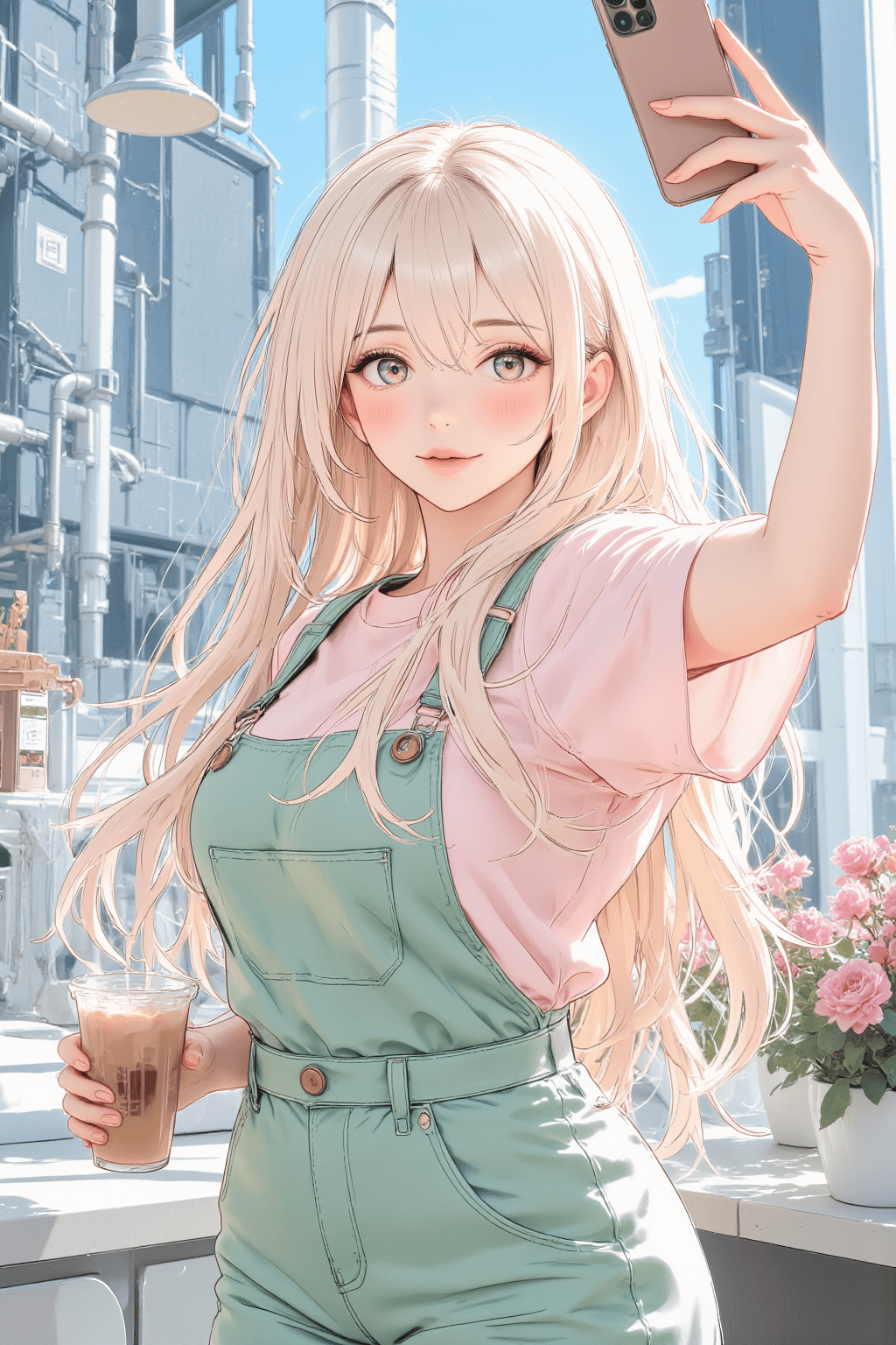 AI generated: A beautiful anime-style girl with long, flowing honey-blonde hair and big, expressive brown eyes, sm...