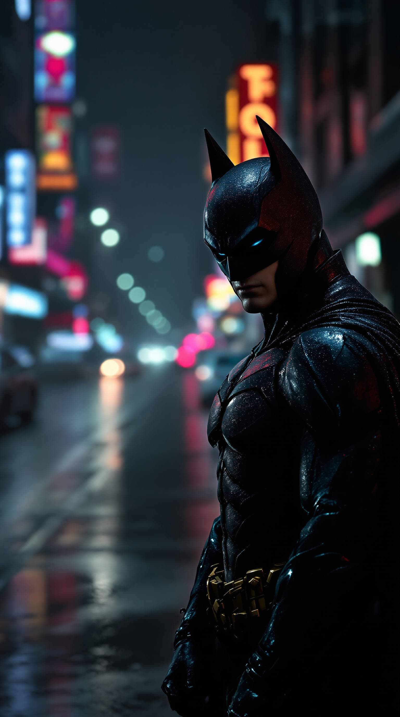 AI generated: Andrew Tate as Batman Posing In dark rainy   Dystopian city in the rain, on an empty street. Neon li...